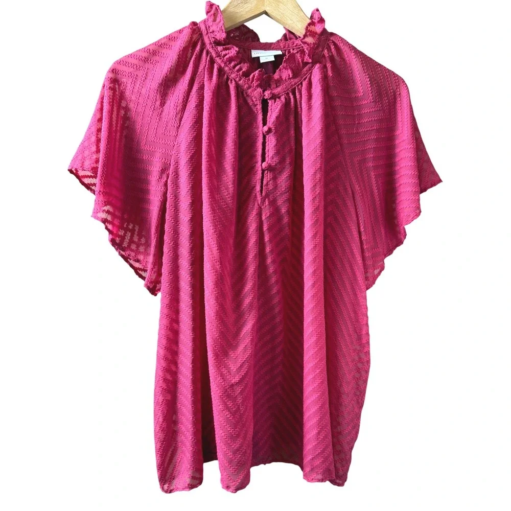 Liz Claiborne Fushia Chevron Ruffle Neck Flutter Sleeve Sheer Blouse XL - Picture 1 of 11